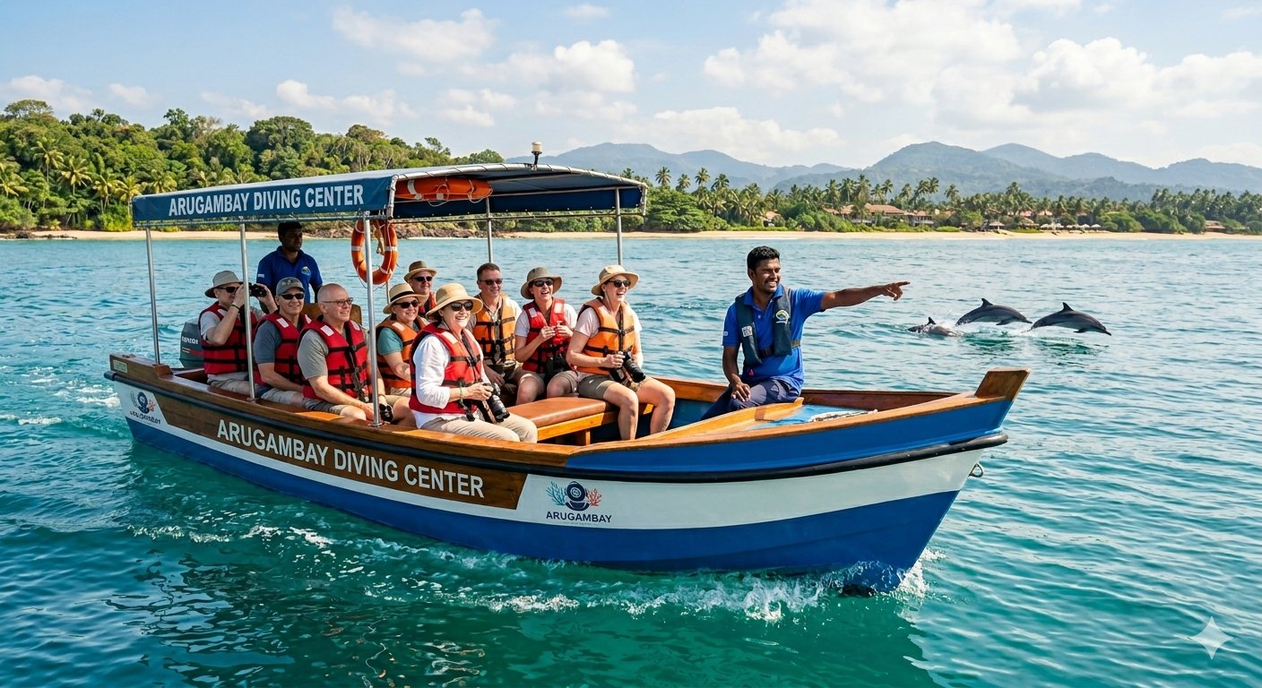 Boat safari with dolphins jumping nearby