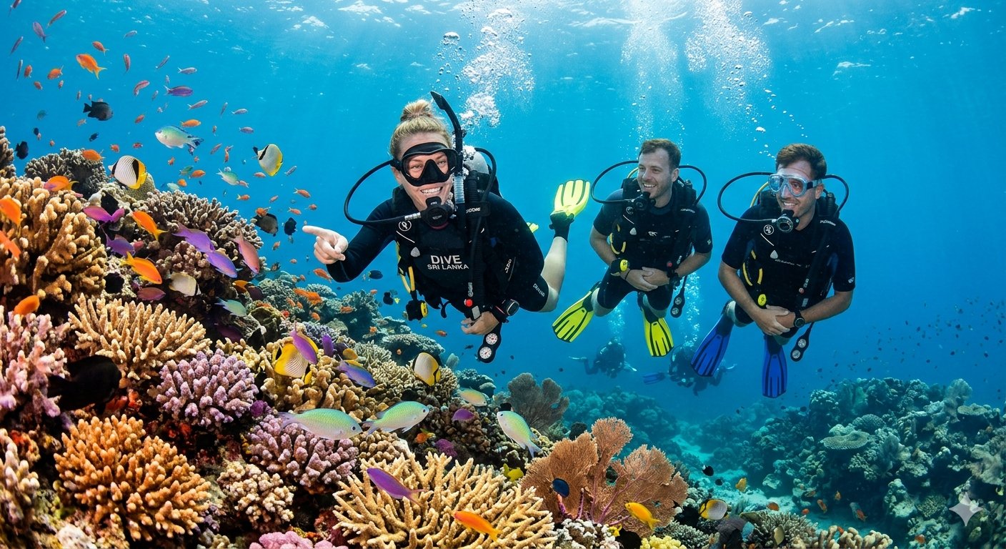 Scuba divers exploring a vibrant coral reef in Arugam Bay