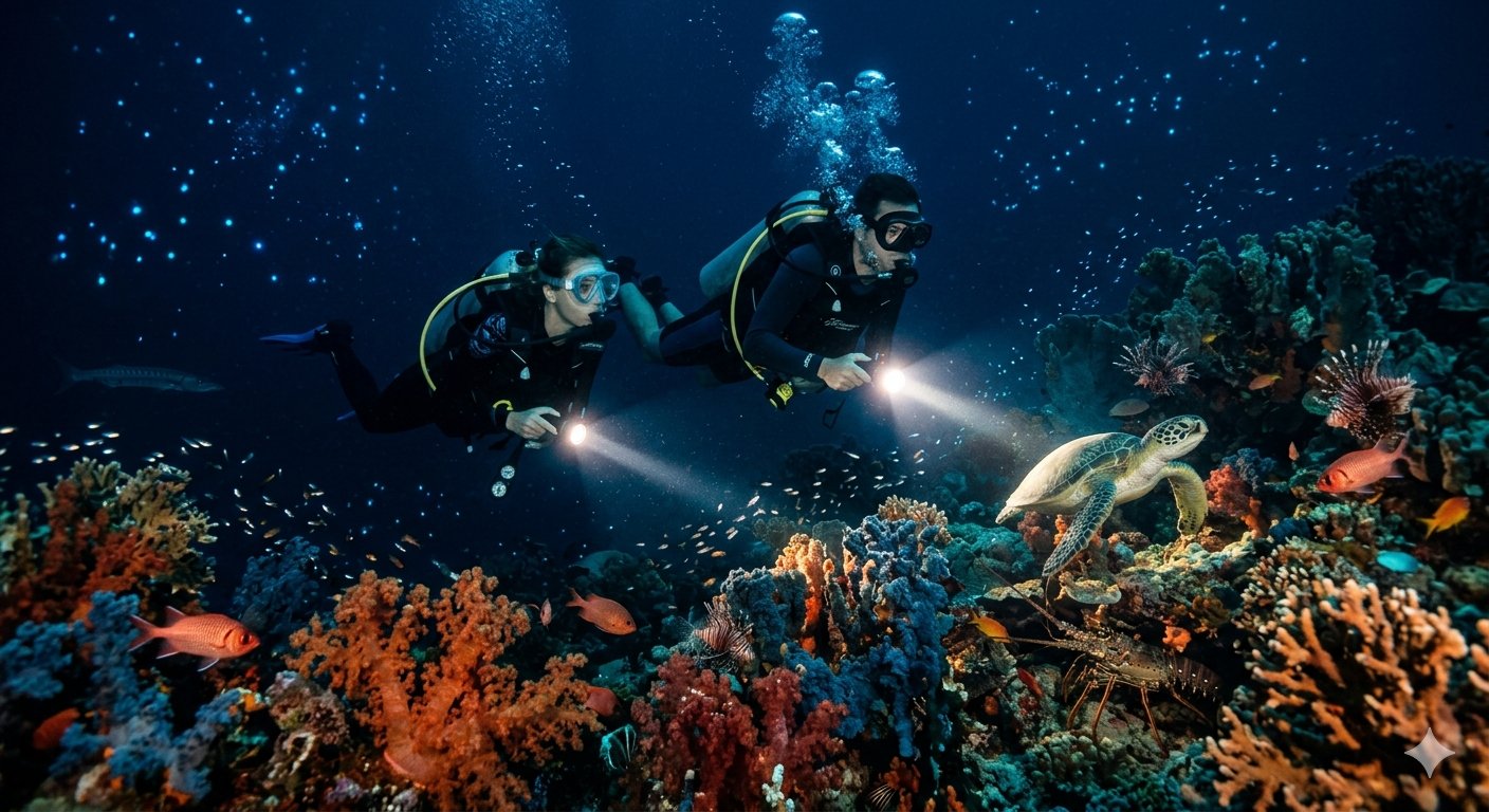 Night dive with sea turtle and torchlights