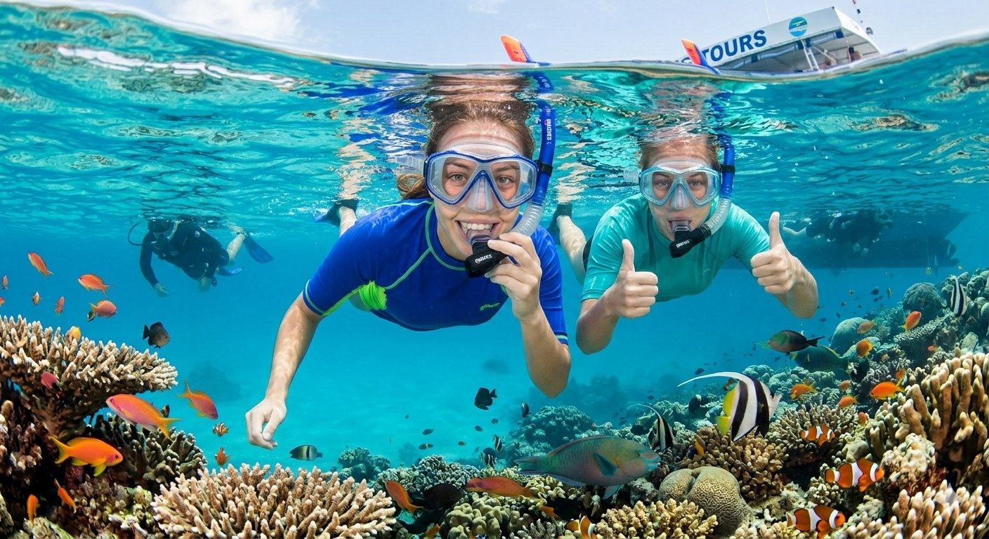 Snorkelers exploring coral with tropical fish